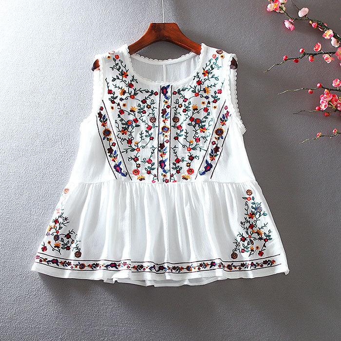 Loose Retro Embroidery Floral Top - - Your-Look