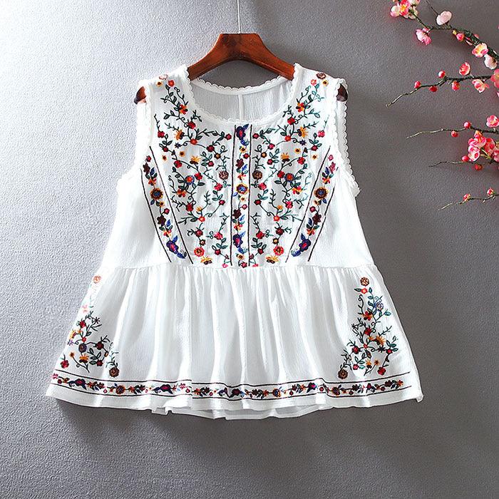 Loose Retro Embroidery Floral Top -  - Your-Look