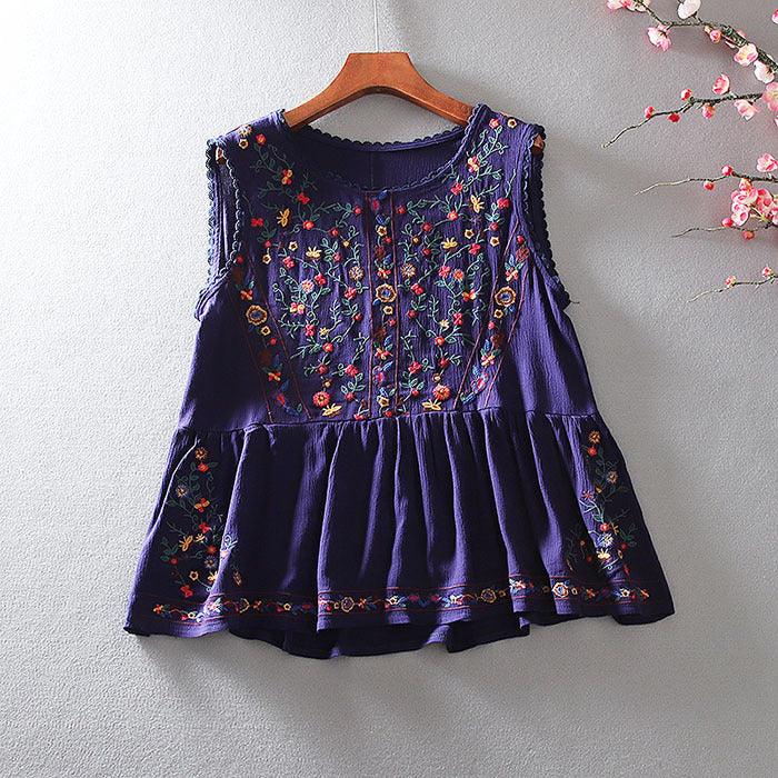 Loose Retro Embroidery Floral Top -  - Your-Look