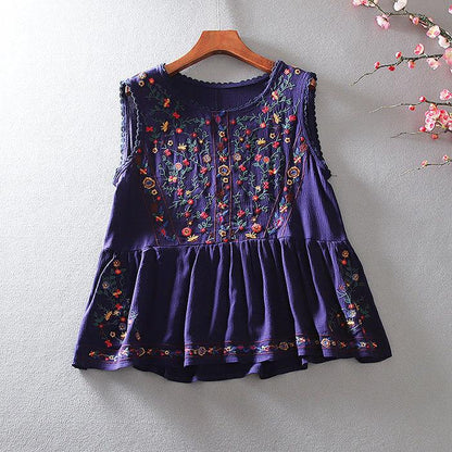 Loose Retro Embroidery Floral Top -  - Your-Look