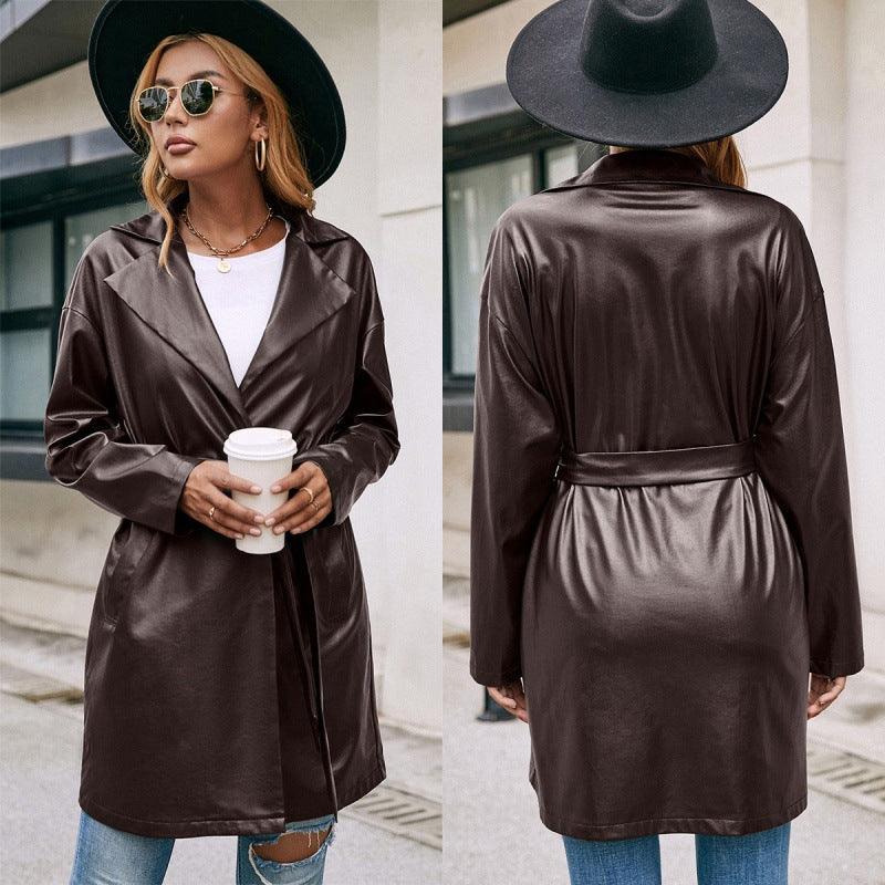 Western-inspired Elegance: Mid-Length Leather Trench Coat with Slim Silhouette and Long Sleeves - Your-Look