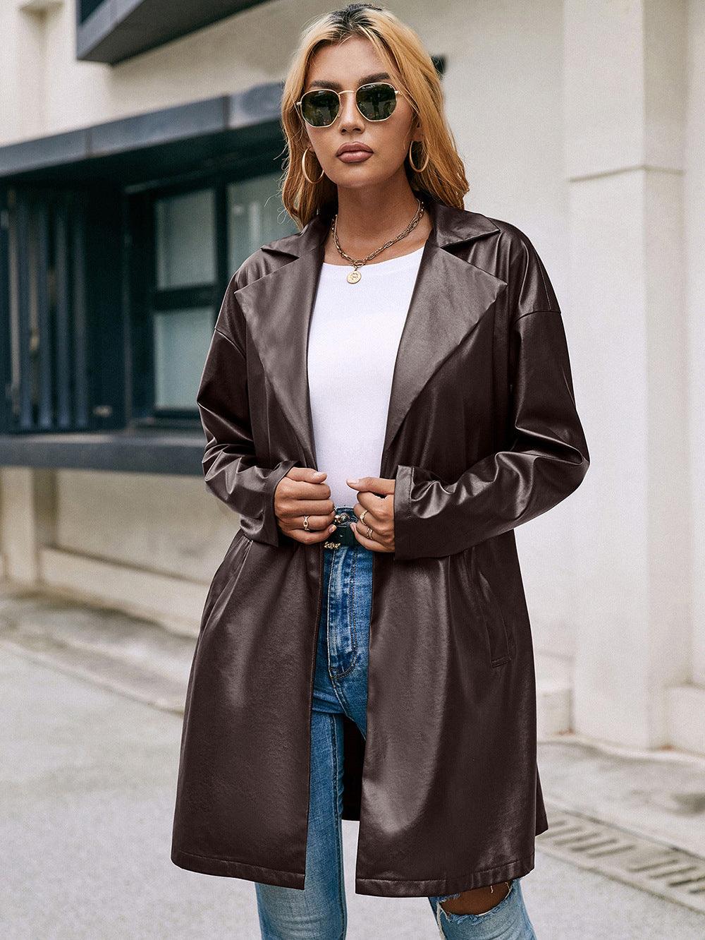 Western-inspired Elegance: Mid-Length Leather Trench Coat with Slim Silhouette and Long Sleeves - Your-Look