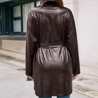 Western-inspired Elegance: Mid-Length Leather Trench Coat with Slim Silhouette and Long Sleeves - Your-Look