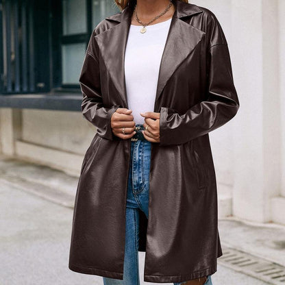 Western-inspired Elegance: Mid-Length Leather Trench Coat with Slim Silhouette and Long Sleeves - Your-Look