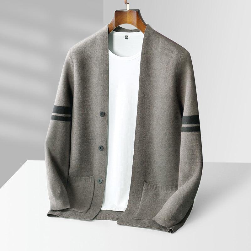 Wool Cardigan Male V-neck Knitted Color Matching Sweater Business Casual Loose Long Sleeve Cashmere Coat - Fashion - Your-Look