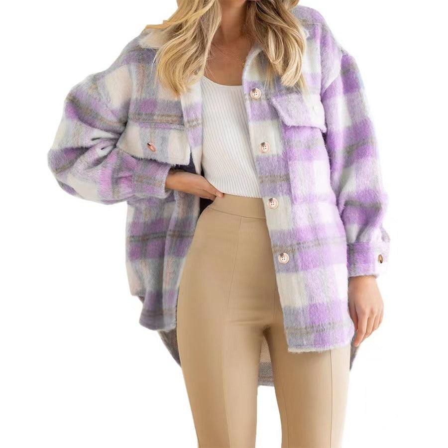 Woolen Plaid Mohair Long-sleeved Coat