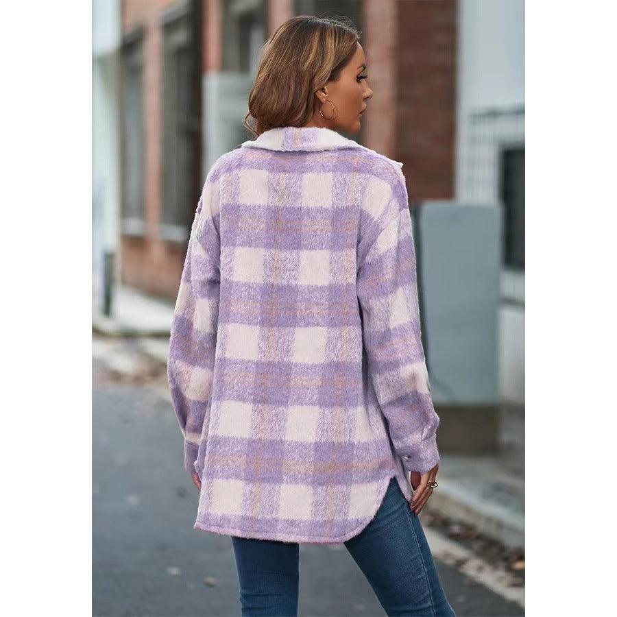 Chic and Cozy: Woolen Plaid Mohair Long-sleeved Coat for Autumn and Winter - Your-Look